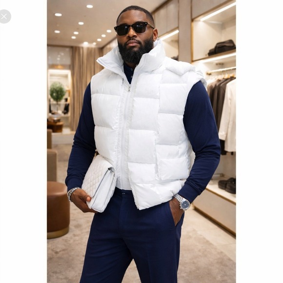 Other - Mens White Oversized Woven Puffer Vest Cassette Quilted Sleeveless‎ Jacket